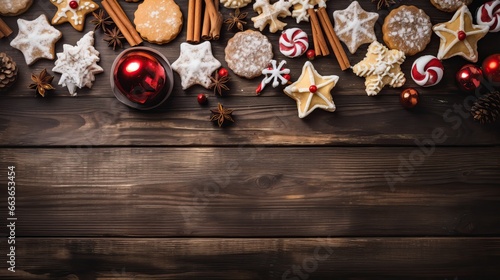 Tasty homemade Christmas cookies on wooden background, flat lay. Space for text