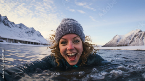 Winter Wonderland, Joyful Woman Captures the Perfect Selfie in the Snowy Lake