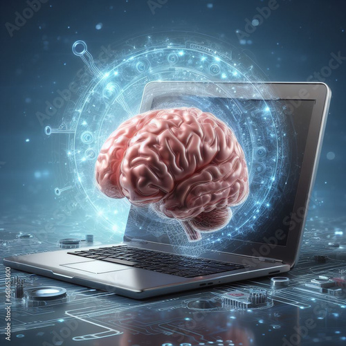 A realistic rendering of a human brain on a laptop, a symbol of artificial intelligence and the future of technology 