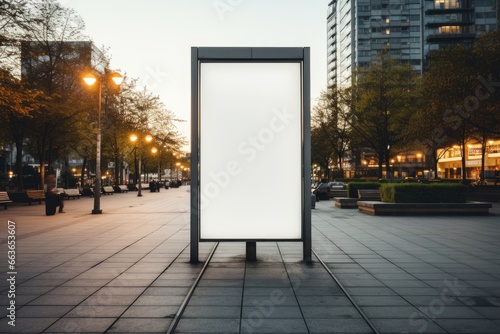 white blank advertising billboard. street mockup panel. digital lightbox poster ad banner board. bus shelter advertising. green park background. vertical format sign. Generated AI