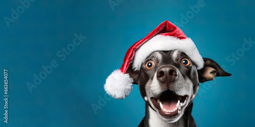 Close-up of an expressive dog wearing a Santa Claus hat on a blue background with copy space © degungpranasiwi
