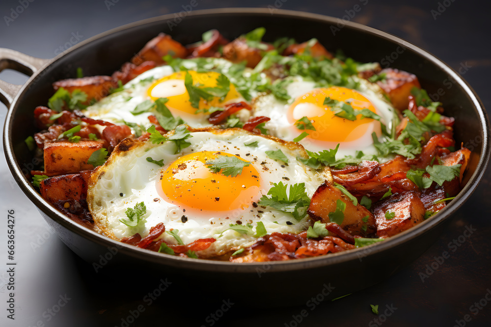 Campfire breakfast of eggs, bacon and potatoes