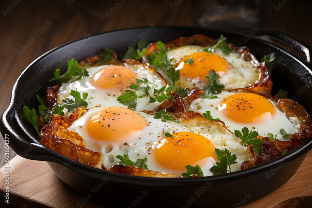 Campfire breakfast of eggs, bacon and potatoes