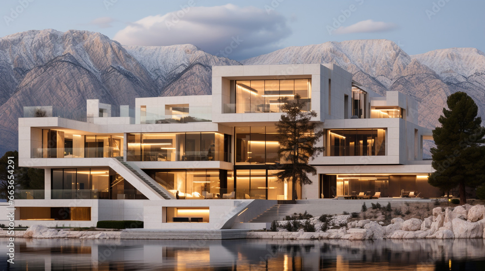 Fototapeta premium Luxurious decorative modern mansion with balcony terraces and mountains view
