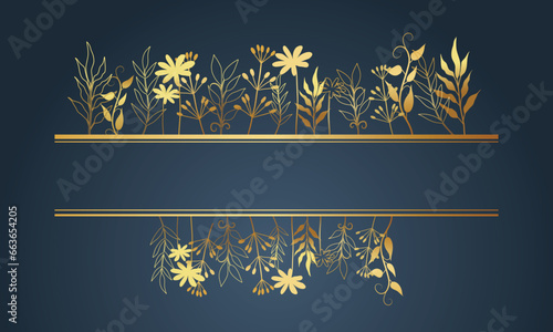 Elegant Golden floral ornament border frame design vector on blue background. Golden Floral frame border.