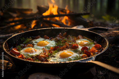 Campfire breakfast of eggs, bacon and potatoes