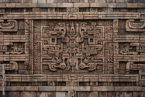 Exterior stone wall of Aztec-inspired carvings, surface material texture