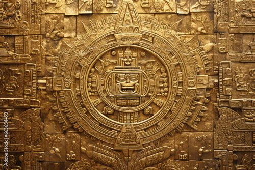 Aztec inspired golden wall carving of ancient symbols, surface material texture photo