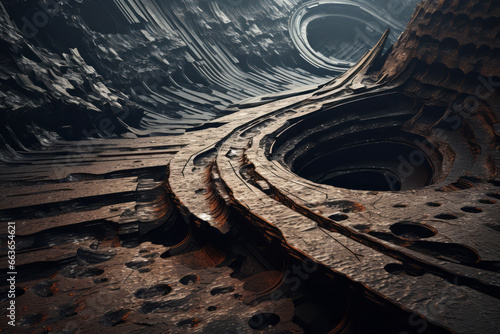 Cavernous science fiction scene with metal pits and Travelways  photo