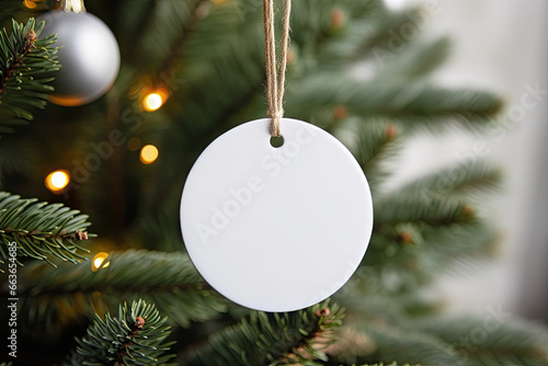 Weihnachtsbaum Mockup, runder, leerer weißer Keramik Anhänger hängt an einem festlich geschmückten Weihnachtsbaum. Personalisierbar mit eigenem Text