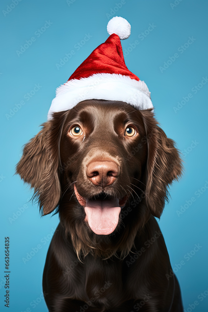 Close-up of an expressive dog wearing a Santa Claus hat on a blue background Close-up of an expressive dog wearing a Santa Claus hat on a blue background