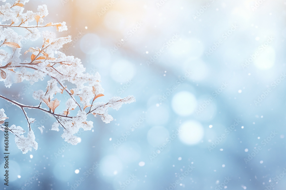 snowy winter branch with a bokeh sunrise and a snow background