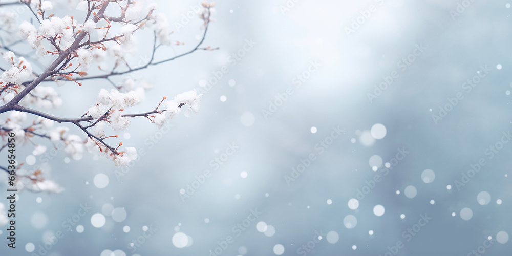 snowy winter branch with a bokeh sunrise and snow background