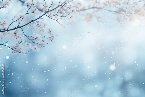 snowy winter branch and sunrise with bokeh snow background © Nitcharee