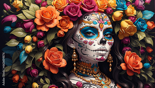 Festive Mexican Heritage: Woman with Colorful Face Tattoos for Dia de los Muertos, La Calavera Catrina, Mexico. Day of the dead. Folklore, tradition beautiful face make up