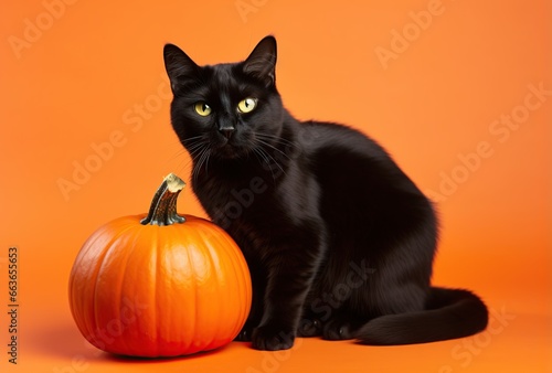 Black cat sitting next to pumpkin on orange background. Halloween Theme.