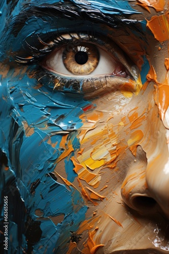 Abstract portrait of a female face covered in thick blue and yellow acrylic or oil paint. photo