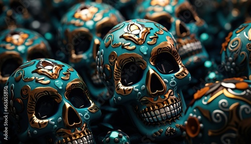 Dia de los Muertos day of the dead sugar skulls. 3D rendered.