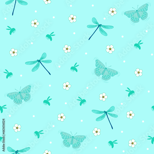 Ditsy butterfly and dragonfly seamless pattern. green floral print with polka dots background. good for fabric  fashion design  textile  dress  wallpaper  backdrop  pajama.