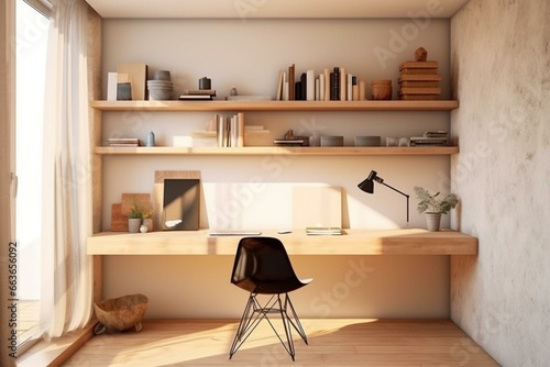 Cozy home office with a minimalist desk against a wall. Generative AI