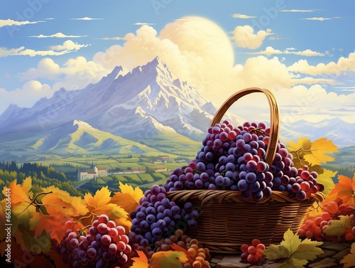Basket of grapes with a mountain in the background generative ai