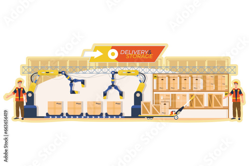 A busy warehouse scene with workers sorting packages on a conveyor belt.
