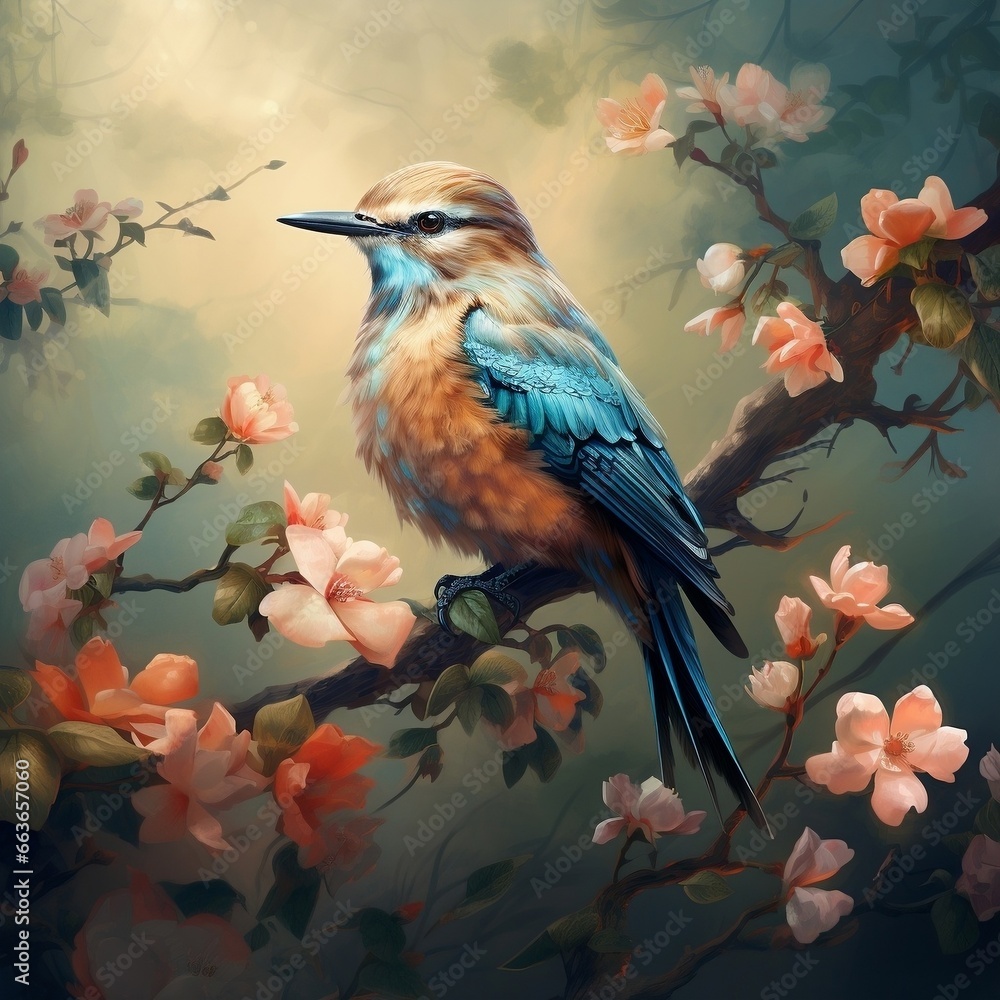 Obraz premium Bird on a branch with flowers in the background generative ai