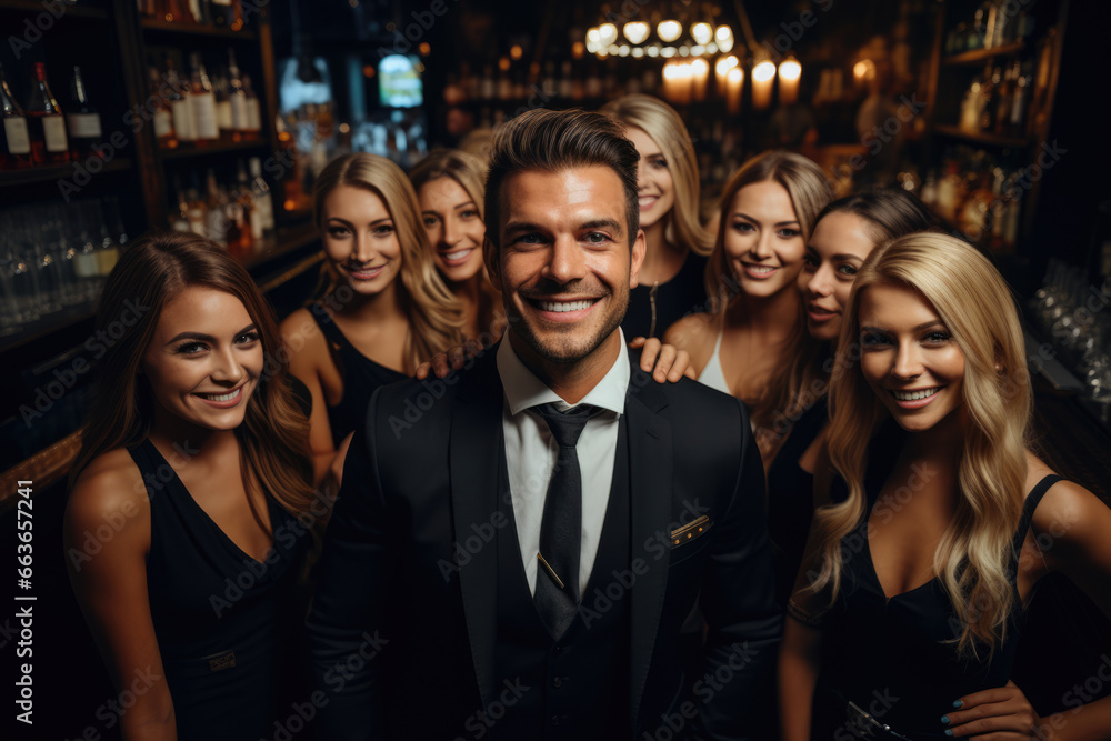 Young male businessman in a suit with women in a bar, corporate party with boss, business meeting