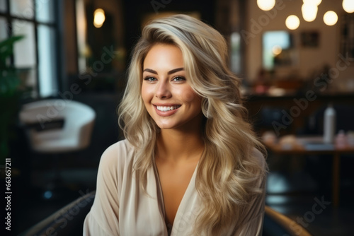 Beautiful woman sitting in hairdresser's chair
