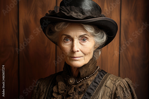Elderly lady in a hat, portrait in retro style photo