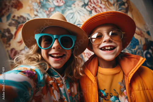 Selfie of a group fashionable modern children friends in bright clothes