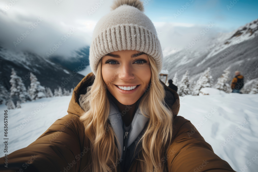Selfie of a young female tourist on a snowy mountain Selfie of a young female tourist on a snowy mountain