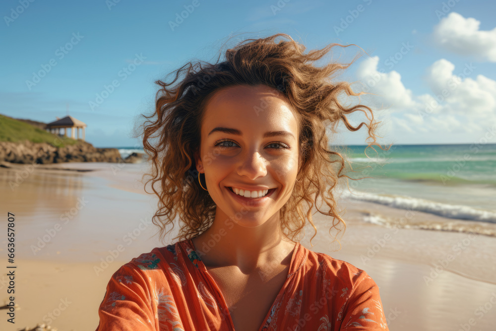 Young beautiful smiling woman taking selfie on tropical beach - obrazy, fototapety, plakaty 
