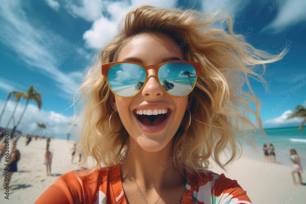 Young beautiful smiling woman taking selfie on tropical beach