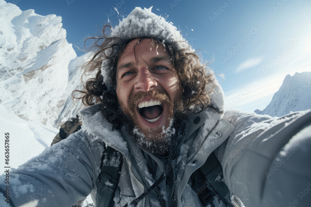 Happy man hiker tourist taking selfie on winter snow mountain Happy man hiker tourist taking selfie on winter snow mountain
