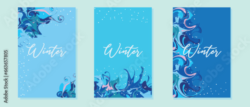  Set of abstract winter backgrounds for social media stories. Colorful winter banners with falling snowflakes and swirls. Winter scenes. Winter background for event invitations, discount vouchers, adv