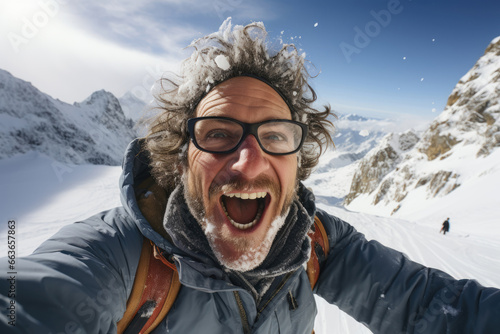 Smiling man hiker tourist taking selfie on winter snow mountain