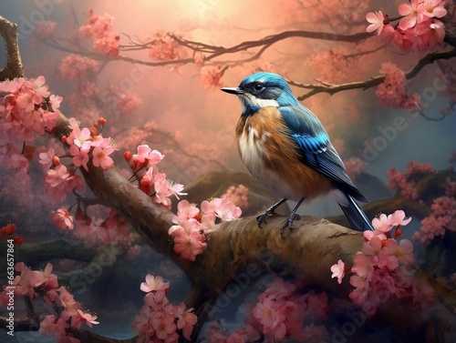 Bird on a branch with flowers in the background generative ai © Generative Ai