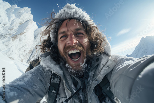 Happy man hiker tourist taking selfie on winter snow mountain