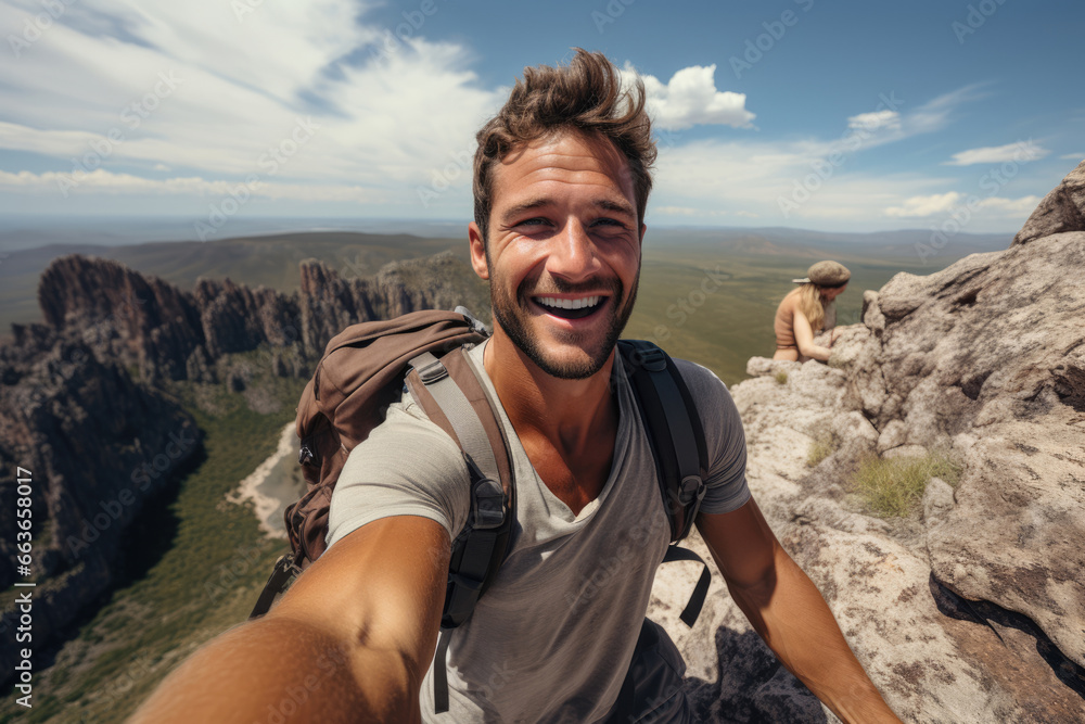 Naklejka premium Young hiker smiling man taking selfie on the top of mountain