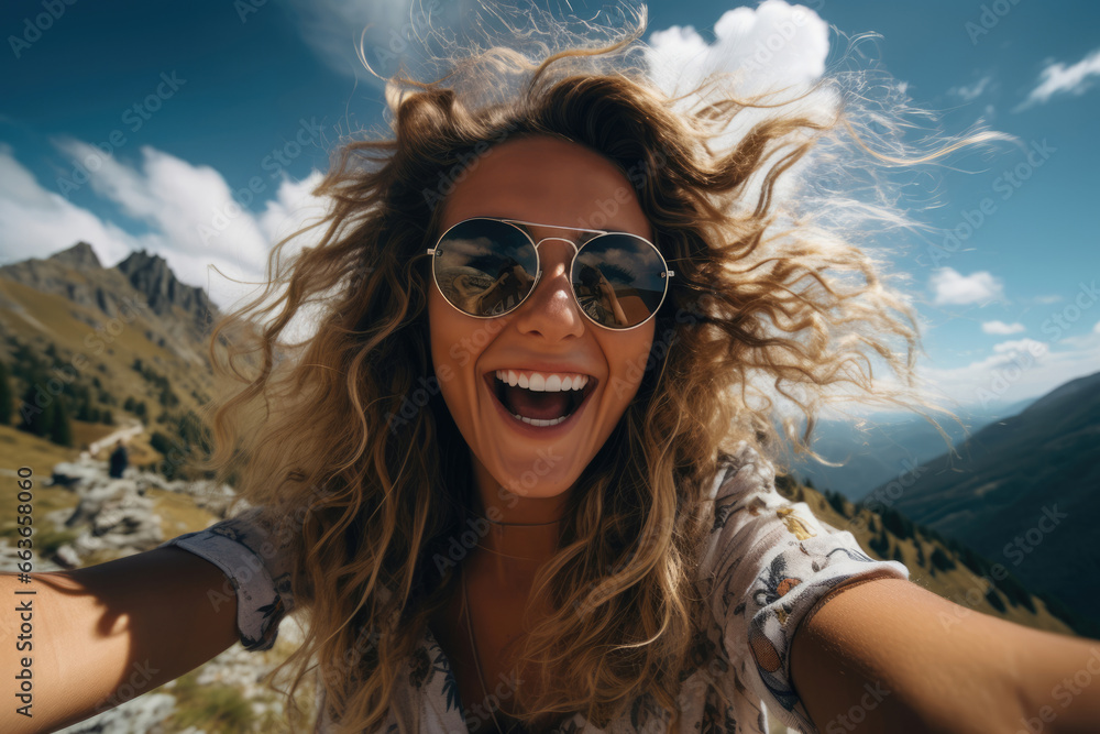 Happy smiling young hiker woman taking selfie portrait on the top of mountain