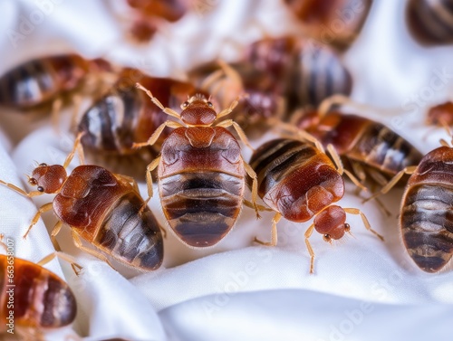 Bed bugs crawling on a bed sheet. AI generative. © Macarena