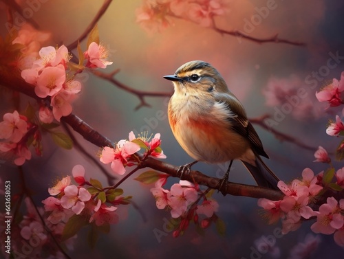 Bird on a branch with flowers in the background generative ai © Generative Ai