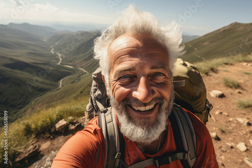 Selfie senior man on the top of a mountain, concept of sports active lifestyle, hiking