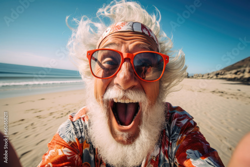 Selfie portrait of cheerful funny senior man on the beach