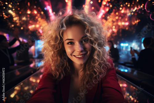 Selfie portrait of a young beautiful woman girl in a nightclub