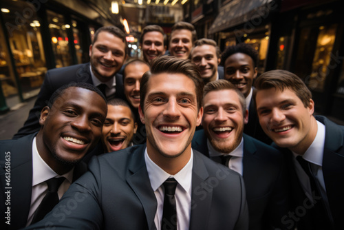 Cheerful group of male businessmen at a business meeting selfie