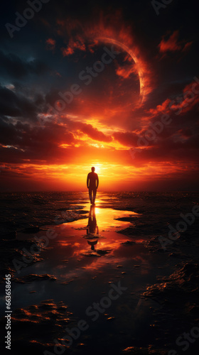 Silhouette of a man against a background of sunset, fantasy landscape © Michael