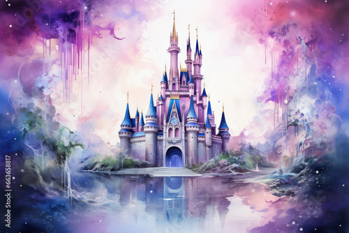 Fairy kingdom, castle in watercolor style