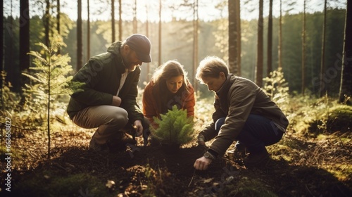 A family plants trees together in a quiet forest. There was orange sunlight shining on it. wide angle lens natural lighting